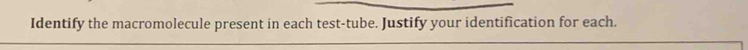 Identify the macromolecule present in each test-tube. Justify your identification for each.