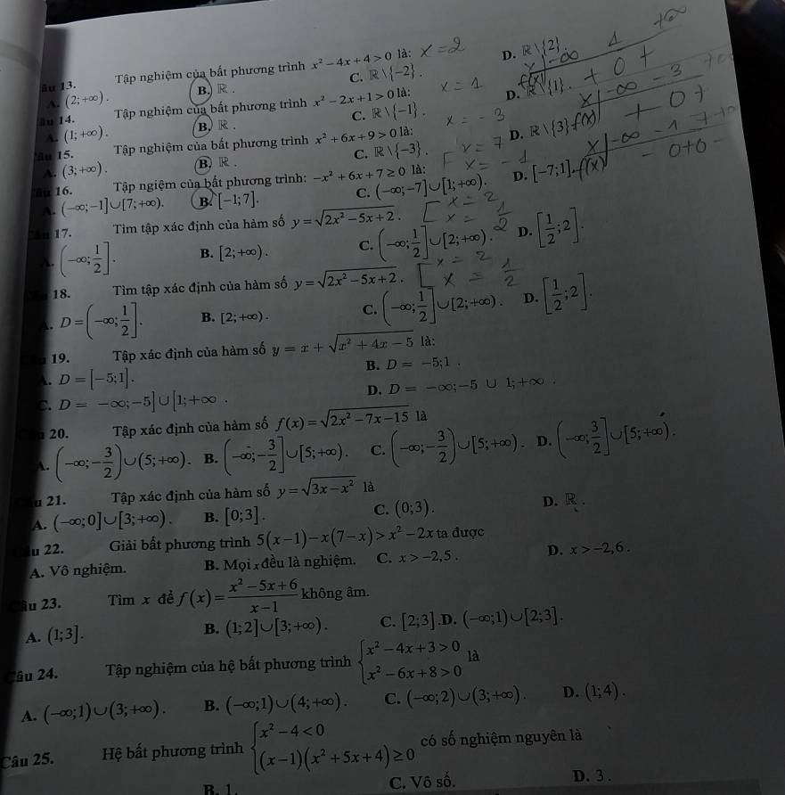 là: D. R   2
âu 13. Tập nghiệm của bất phương trình x^2-4x+4>0 Rvee  -2 .
A. (2;+∈fty ). B.) R. C.
ăn 14. Tập nghiệm của bắt phương trình x^2-2x+1>0la:
D.  1
A. (1;+∈fty ). B. R . C. Rvee  -1
là:
'Au 15. Tập nghiệm của bất phương trình x^2+6x+9>0 Rvee  -3 . D. R| 3
A. (3;+∈fty ). B R . C.
Au 16.  Tập ngiệm của bất phương trình: -x^2+6x+7≥ 0 (-∈fty ;-7]∪ [1;+∈fty ). là: D. [-7;1].
A. (-∈fty ;-1]∪ [7;+∈fty ). B. [-1;7]. C.
“An 17. Tim tập xác định của hàm số y=sqrt(2x^2-5x+2).
A. (-∈fty ; 1/2 ]. B. [2;+∈fty ). C. (-∈fty ; 1/2 ] [2;+∞ D. [ 1/2 ;2].
18. Tìm tập xác định của hàm số y=sqrt(2x^2-5x+2),
A. D=(-∈fty ; 1/2 ]. B. [2;+∈fty ). C. (-∈fty ; 1/2 ]∪ [2;+∈fty ). D. [ 1/2 ;2].
19. Tập xác định của hàm số y=x+sqrt(x^2+4x-5) là:
B. D=-5;1.
A. D=[-5;1].
D. D=-∈fty ;-5∪ 1;+∈fty
C. D=-∈fty ;-5]∪ [1;+∈fty
Cab 20. Tập xác định của hàm số f(x)=sqrt(2x^2-7x-15)la
A. (-∈fty ;- 3/2 )∪ (5;+∈fty ). B. (-∈fty ;- 3/2 ]∪ [5;+∈fty ). C. (-∈fty ;- 3/2 )∪ [5;+∈fty ). D. (-∈fty ; 3/2 ]∪ [5;+∈fty ).
Cau 21. Tập xác định của hàm số y=sqrt(3x-x^2) là D. a
A. (-∈fty ;0]∪ [3;+∈fty ). B. [0;3]. C. (0;3).
Clu 22. Giải bất phương trình 5(x-1)-x(7-x)>x^2-2x ta được
A. Vô nghiệm. B. Mọi đều là nghiệm. C. x>-2,5. D. x>-2,6.
Câu 23. Tìm x đề f(x)= (x^2-5x+6)/x-1  không âm.
B. (1;2]∪ [3;+∈fty ). C. [2;3]
A. (1;3]. .D. (-∈fty ;1)∪ [2;3].
Câu 24. Tập nghiệm của hệ bất phương trình beginarrayl x^2-4x+3>0 x^2-6x+8>0endarray. là
A. (-∈fty ;1)∪ (3;+∈fty ). B. (-∈fty ;1)∪ (4;+∈fty ). C. (-∈fty ;2)∪ (3;+∈fty ). D. (1;4).
Câu 25. Hệ bất phương trình beginarrayl x^2-4<0 (x-1)(x^2+5x+4)≥ 0endarray. có số nghiệm nguyên là
D. 3 .
B. 1.
C. Vô số.