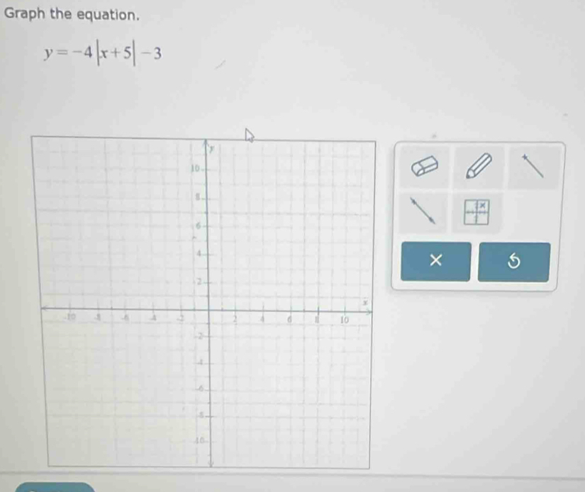 Graph the equation.
y=-4|x+5|-3
×