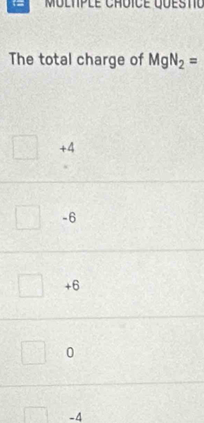 The total charge of MgN_2=
+4
-6
+6
0
-4