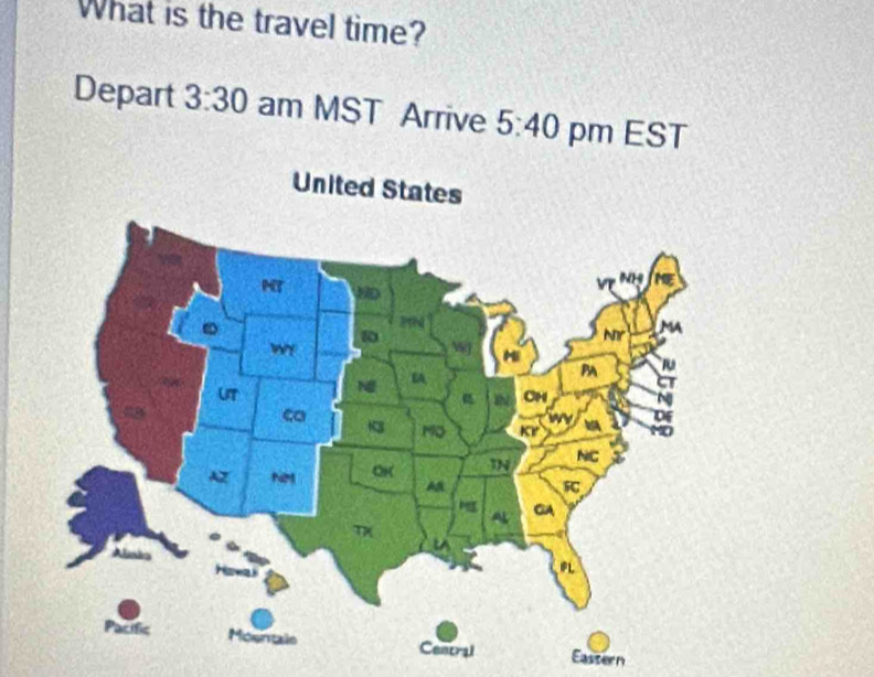 What is the travel time? 
Depart 3:30 am MST Arrive 5:40 pm EST 
Eastern