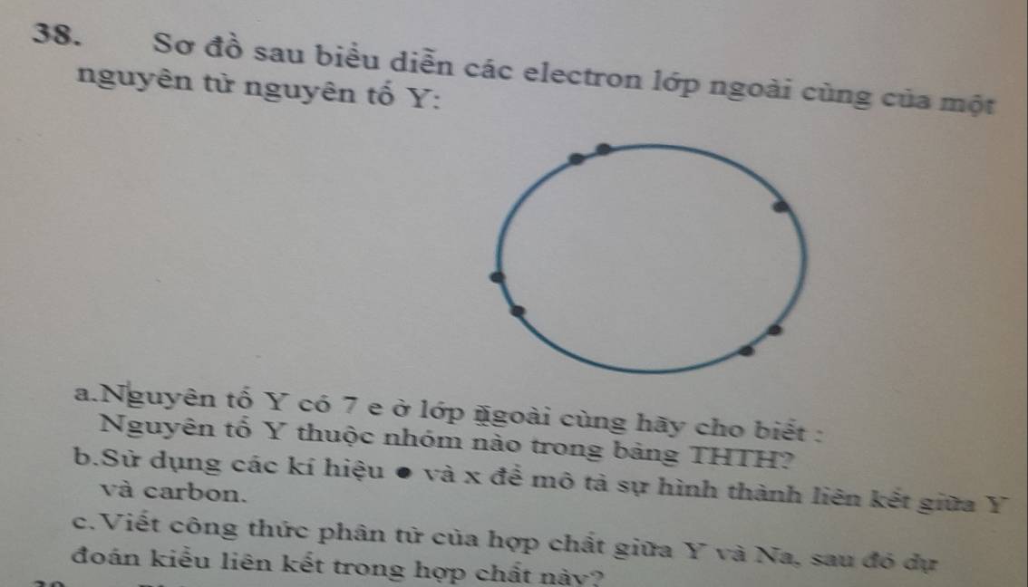 Sơ đồ sau biểu diễn các electron lớp ngoài cùng của một 
nguyên tử nguyên tố Y : 
a.Nguyên tố Y có 7 e ở lớp ngoài cùng hãy cho biết : 
Nguyên tổ Y thuộc nhóm nào trong bảng THTH? 
b.Sử dụng các kí hiệu ● và x để mô tả sự hình thành liên kết giữa Y
và carbon. 
c.Viết công thức phân tử của hợp chất giữa Y và Na, sau đó dự 
đoán kiểu liên kết trong hợp chất này?