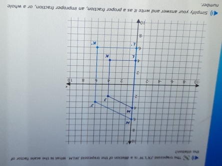 < The trapezold  JKIM is a dilation of the trapezold JKLM. What is the scale factor of
) Simplify your answer and write it as a proper fraction, an improper fraction, or a whole
number