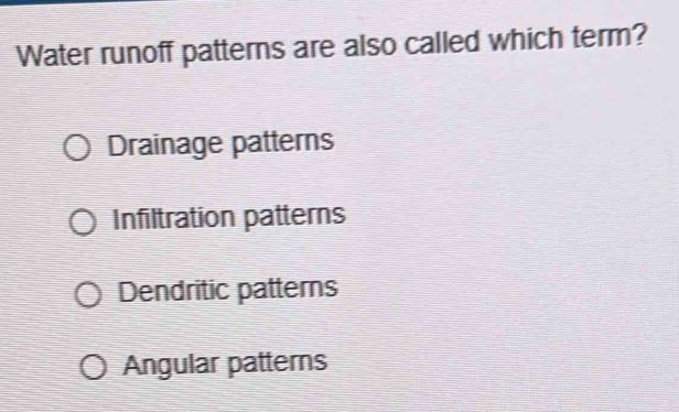 Water runoff patterns are also called which term?
Drainage patterns
Infiltration patterns
Dendritic patterns
Angular patterns