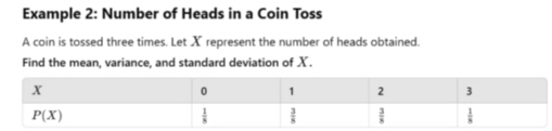 Example 2: Number of Heads in a Coin Toss
A coin is tossed three times. Let X represent the number of heads obtained.
Find the mean, variance, and standard deviation of X.