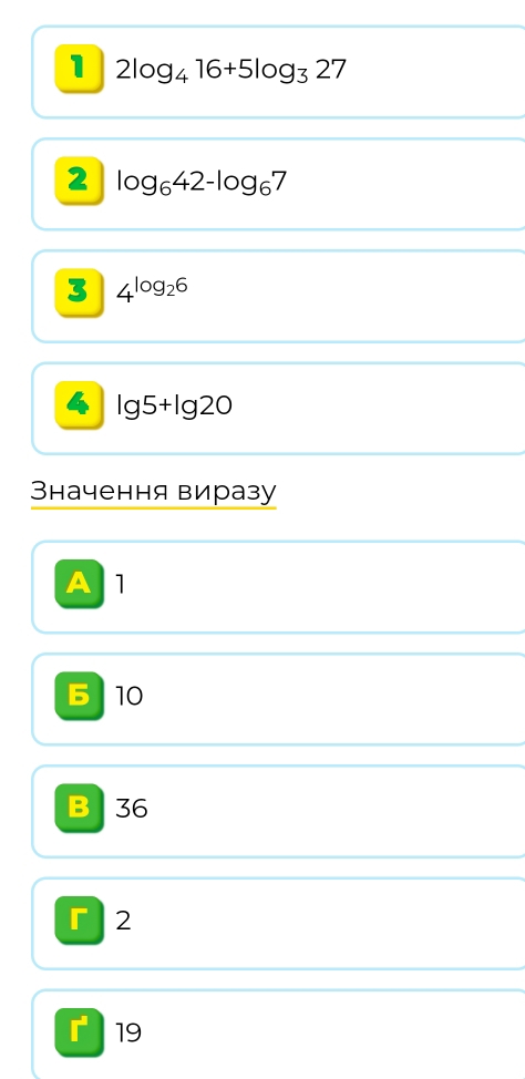 1 2log _416+5log _327
2 log _642-log _67
3 4^(log _2)6
4 lg 5+lg 20
Значення виразу
A 1
5 10
B 36
「 2
r 19