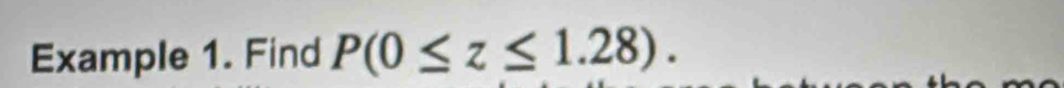 Example 1. Find P(0≤ z≤ 1.28).