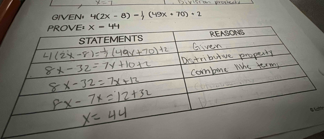 GIVEN: 4(2x-8)= 1/7 (49x+70)+2
ain