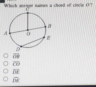 Which answer names a chord of circle O?
overline OB
overline CO
overline DE
widehat DE