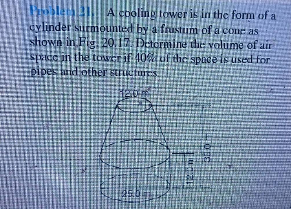 Problem 21. A cooling tower is in the form of a
cylinder surmounted by a frustum of a cone as
shown in Fig. 20.17. Determine the volume of air
space in the tower if 40% of the space is used for
pipes and other structures