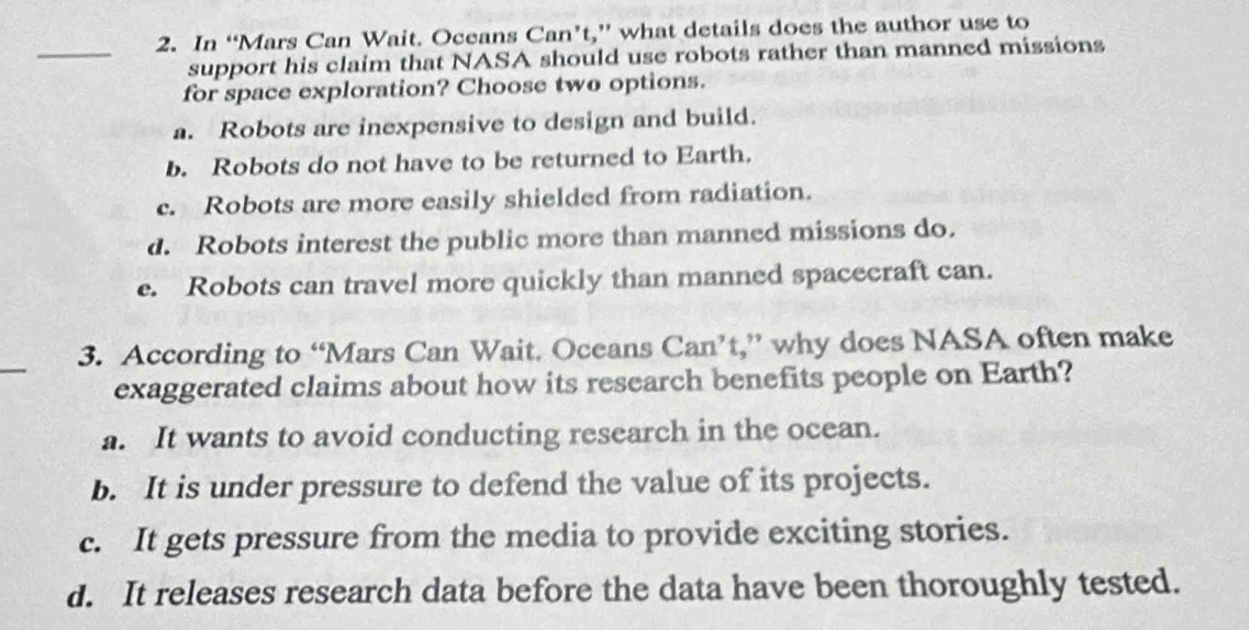 Solved In “Mars Can Wait. Oceans Can’t,” what details does the author