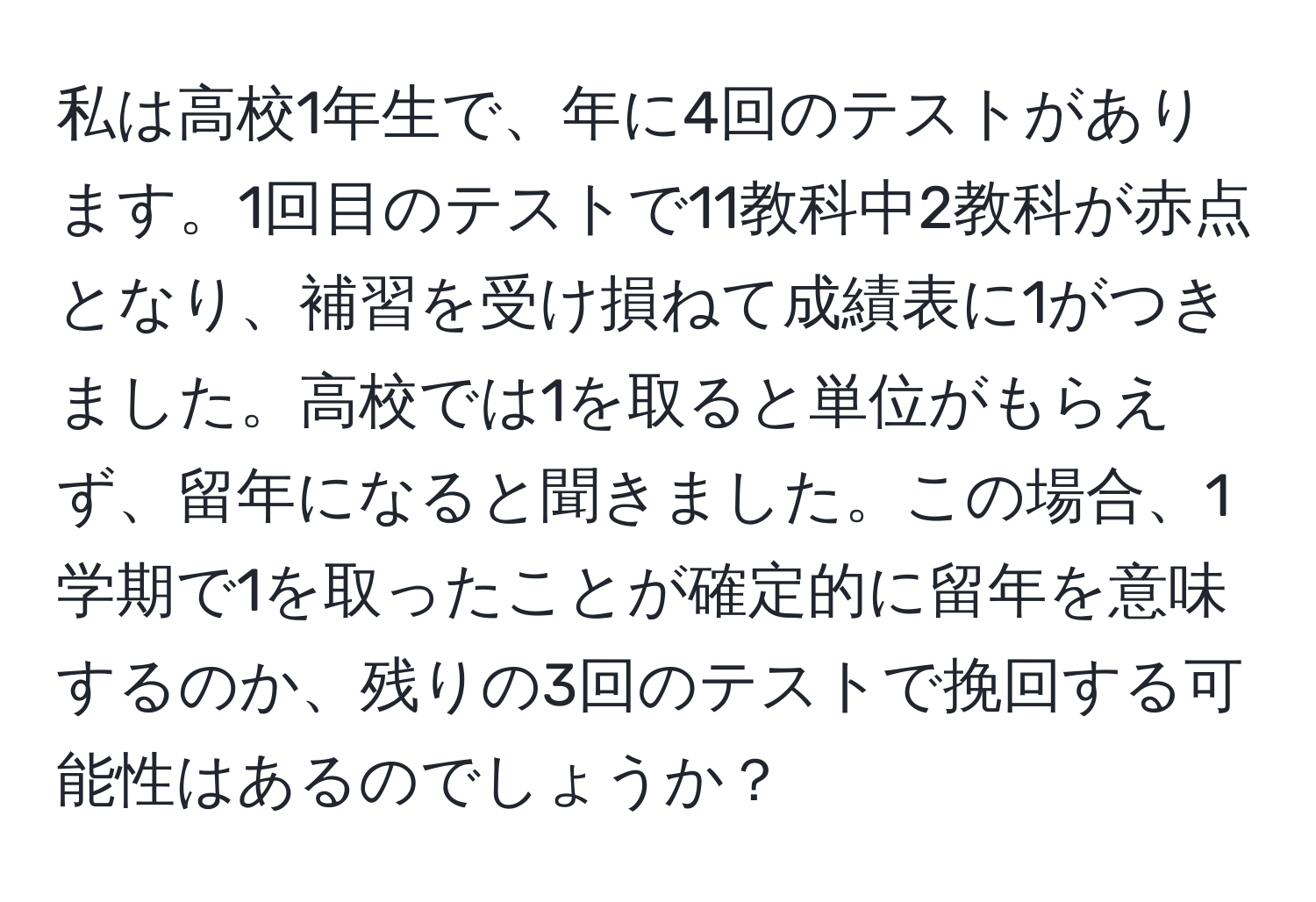 私は高校1年生で、年に4回のテストがあります。1回目のテストで11教科中2教科が赤点となり、補習を受け損ねて成績表に1がつきました。高校では1を取ると単位がもらえず、留年になると聞きました。この場合、1学期で1を取ったことが確定的に留年を意味するのか、残りの3回のテストで挽回する可能性はあるのでしょうか？