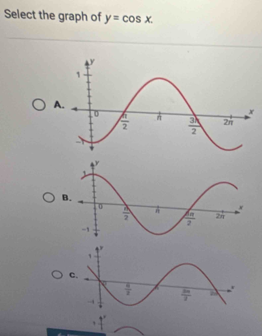 Select the graph of y=cos x.
A
B.
C、