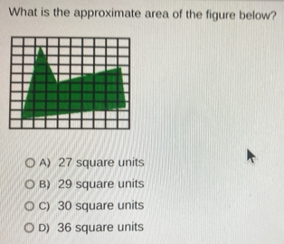 What is the approximate area of the figure below? A) 27 square units B ...