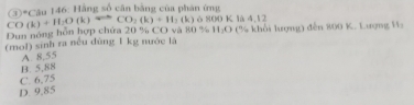 6 800 K là 4,12
Dun nóng hồn hợp chứa 20 % CO và 80 % CO(k)+H_2O(k)rightarrow CO_2(k)+H_1(k) 4 1*Câu 146: Hằng số cân bằng của phân ứng
H_1O
(mol) sinh ra nều dùng 1 kg nước là (% khổi lượng) đến 800 K. Lượng Hạ
B. 5,88 A. 8,55
C. 6,75
D. 9,85