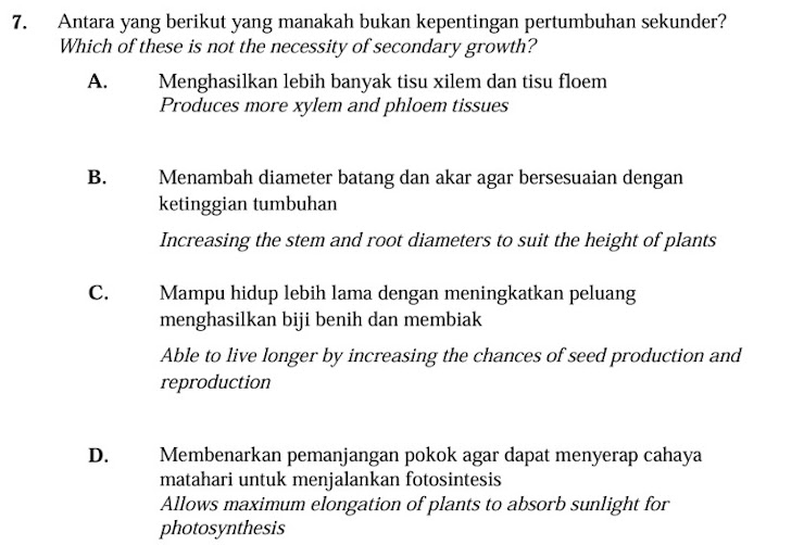 Antara yang berikut yang manakah bukan kepentingan pertumbuhan sekunder?
Which of these is not the necessity of secondary growth?
A. Menghasilkan lebih banyak tisu xilem dan tisu floem
Produces more xylem and phloem tissues
B. Menambah diameter batang dan akar agar bersesuaian dengan
ketinggian tumbuhan
Increasing the stem and root diameters to suit the height of plants
C. Mampu hidup lebih lama dengan meningkatkan peluang
menghasilkan biji benih dan membiak
Able to live longer by increasing the chances of seed production and
reproduction
D. Membenarkan pemanjangan pokok agar dapat menyerap cahaya
matahari untuk menjalankan fotosintesis
Allows maximum elongation of plants to absorb sunlight for
photosynthesis