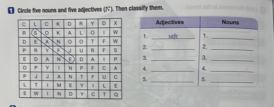 € Circle five nouns and five adjectives (). Then classify them.