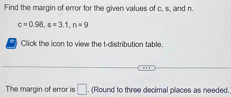 Find the margin of error for the given values of c, s, and n.
c=0.98, s=3.1, n=9
Click the icon to view the t-distribution table. 
The margin of error is □. (Round to three decimal places as needed.