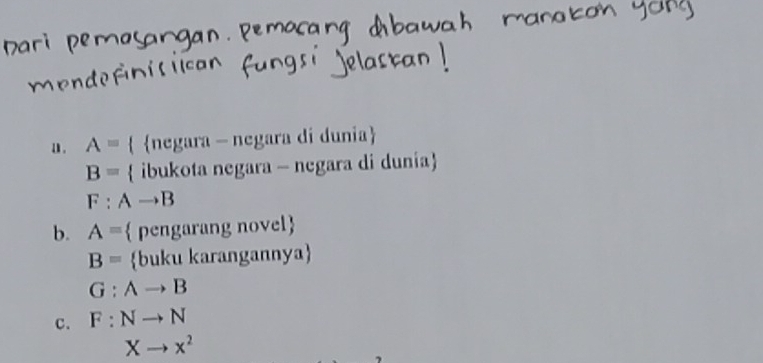 A=  negara - negara di dunia
B= ibukota negara - negara di dunia
F:Ato B
b. A=  pengarang novel
B= buku karangannya
G:Ato B
c. F:Nto N
Xto x^2