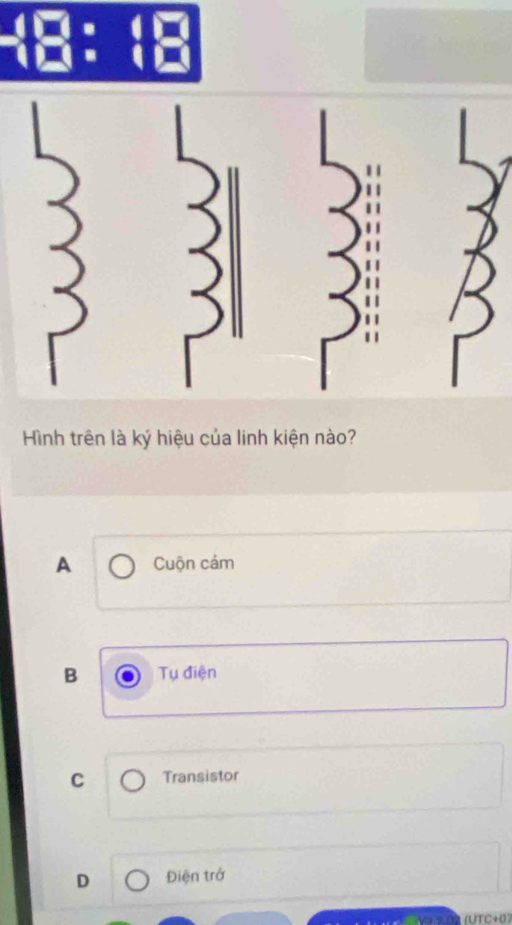 Hình trên là ký hiệu của linh kiện nào?
A Cuộn cảm
B Tụ điện
C Transistor
D Điện trở
(UTC+07