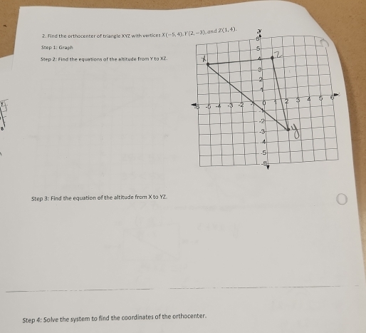 Find the orthocenter of triangle XYZ with vertices X(-5,4),Y(2,-3)
Step 1: Graph 
Step 2: Find the equations of the alitude from Y to XZ.
Step 3: Find the equation of the altitude from X to YZ
Step 4: Solve the system to find the coordinates of the orthocenter.