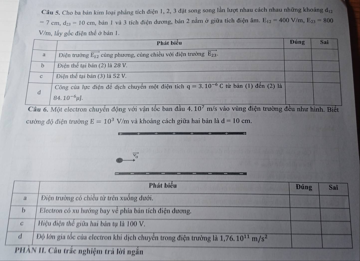 Cho ba bản kim loại phẳng tích điện 1, 2, 3 đặt song song lần lượt nhau cách nhau những khoảng d_12
=7cm,d_23=10cm , bản 1 và 3 tích điện dương, bản 2 nằm ở giữa tích điện âm. E_12=400V/m,E_23=800
V/m, lấy gốc điện thế ở bản 1.
âu 6. Melon uyền
cường độ điện trường E=10^3V/m và khoảng cách giữa hai bản là d=10cm.
vector v_0