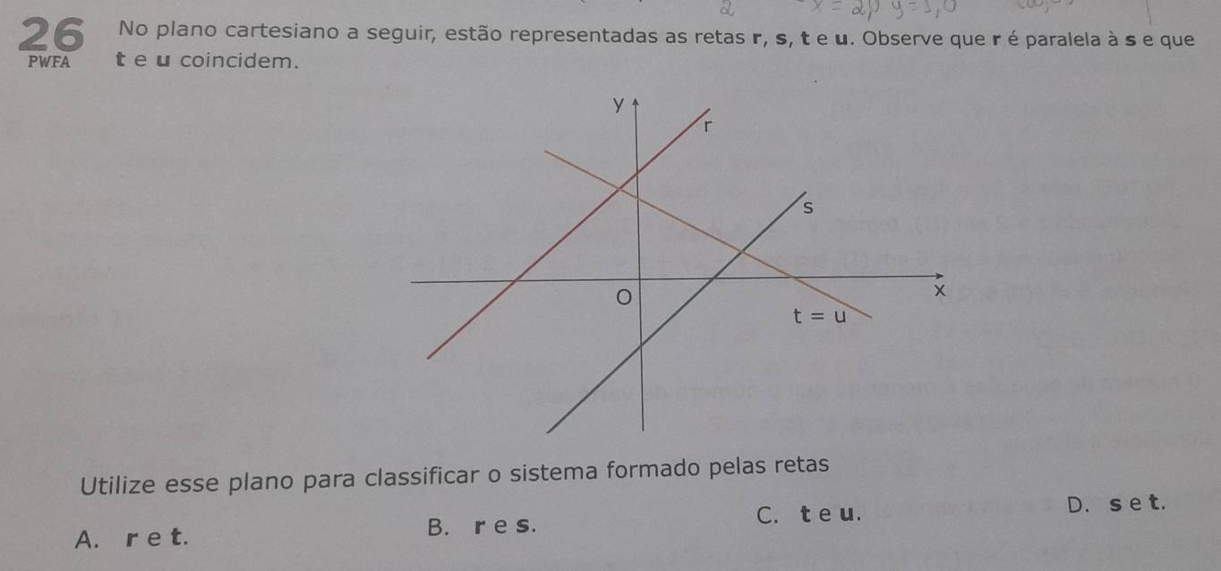 No plano cartesiano a seguir, estão representadas as retas r, s, t e u. Observe que r é paralela à s e que
PWFA t e u coincidem.
Utilize esse plano para classificar o sistema formado pelas retas
D. s e t.
A. r e t.
B. r es. C. t e u.