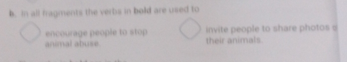 In all fragments the verbs in bold are used to 
encourage people to stop invite people to share photos 
animal abuse. their animals.