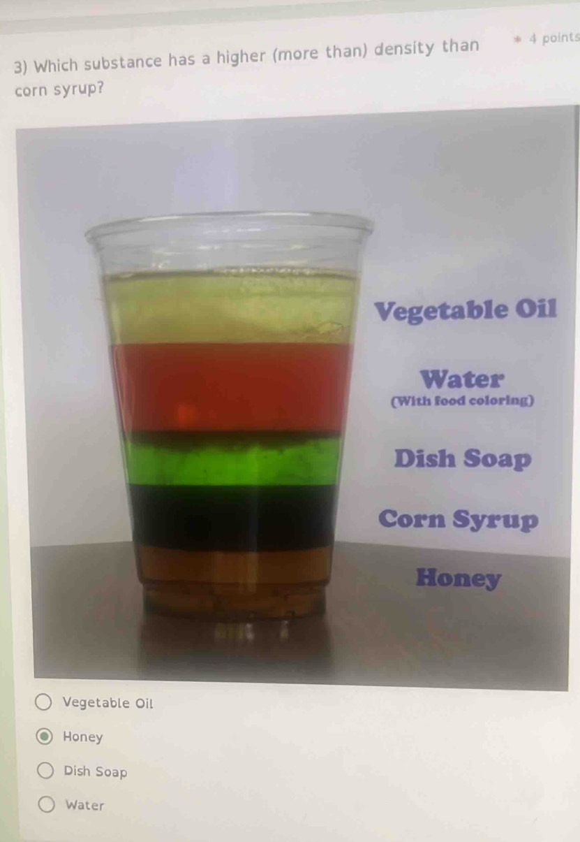 Which substance has a higher (more than) density than 4 points 
corn syrup? 
Vegetable Oil 
Water 
(With food coloring) 
Dish Soap 
Corn Syrup 
Honey 
Vegetable Oil 
Honey 
Dish Soap 
Water