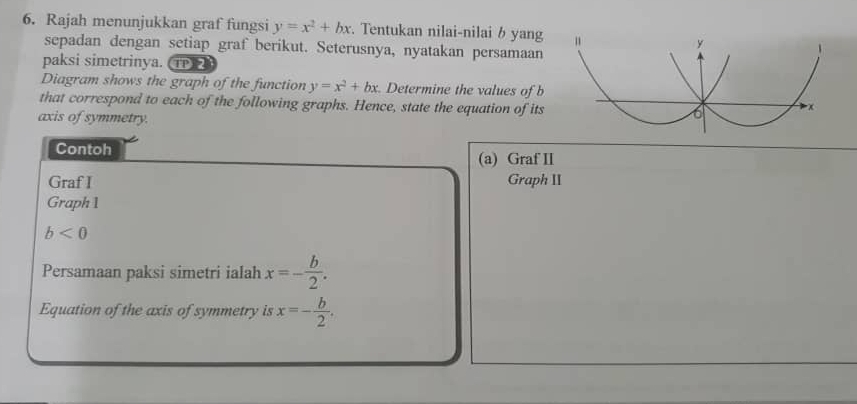 Rajah menunjukkan graf fungsi y=x^2+bx. Tentukan nilai-nilai b yang 
sepadan dengan setiap graf berikut. Seterusnya, nyatakan persamaan 
paksi simetrinya. (TP 
Diagram shows the graph of the function y=x^2+bx Determine the values of b
that correspond to each of the following graphs. Hence, state the equation of its 
axis of symmetry. 
Contoh 
(a) Graf II 
Graf I Graph II 
Graph 1
b<0</tex> 
Persamaan paksi simetri ialah x=- b/2 . 
Equation of the axis of symmetry is x=- b/2 .