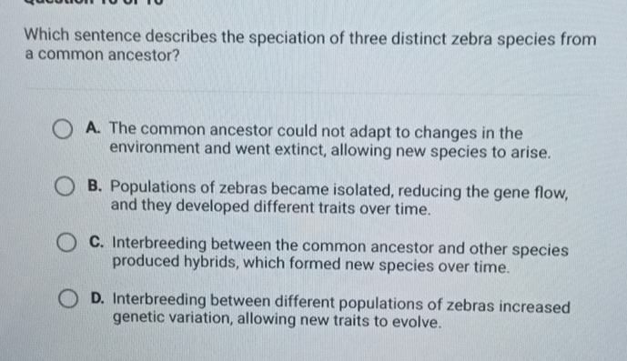 Which sentence describes the speciation of three distinct zebra species from
a common ancestor?
A. The common ancestor could not adapt to changes in the
environment and went extinct, allowing new species to arise.
B. Populations of zebras became isolated, reducing the gene flow,
and they developed different traits over time.
C. Interbreeding between the common ancestor and other species
produced hybrids, which formed new species over time.
D. Interbreeding between different populations of zebras increased
genetic variation, allowing new traits to evolve.