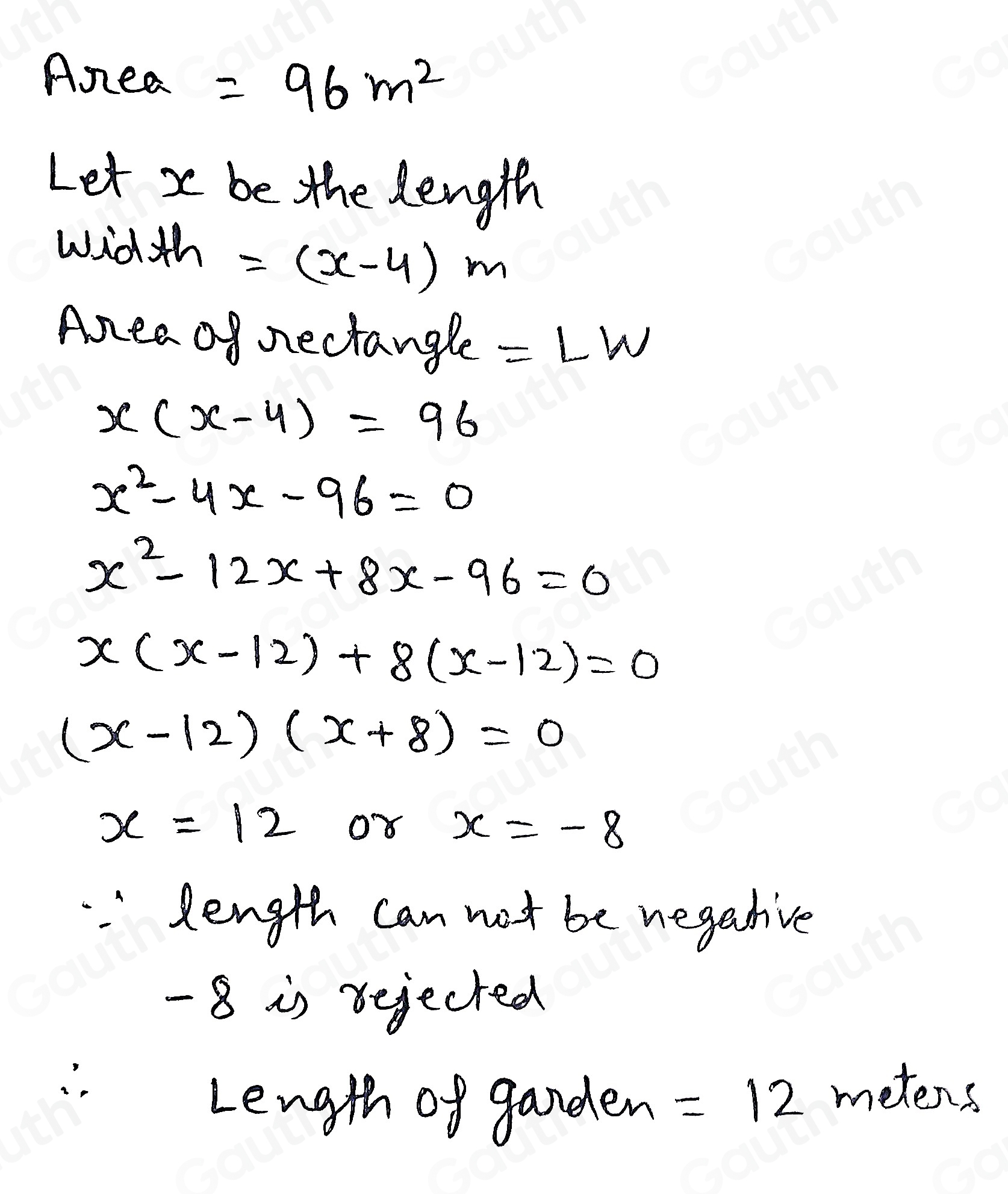 Solved: The area of a rectangular garden is 96 square meters. If the ...