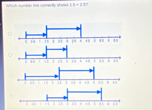 Which number line correctly shows 1.5+2.5