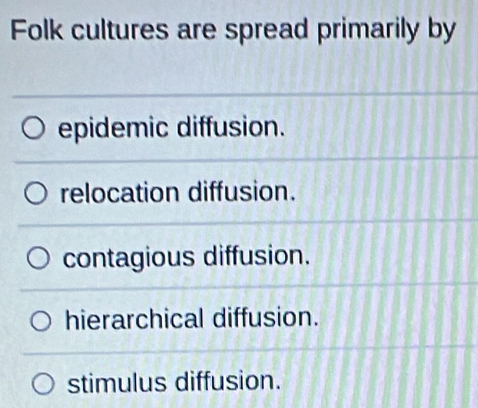 Folk cultures are spread primarily by
epidemic diffusion.
relocation diffusion.
contagious diffusion.
hierarchical diffusion.
stimulus diffusion.