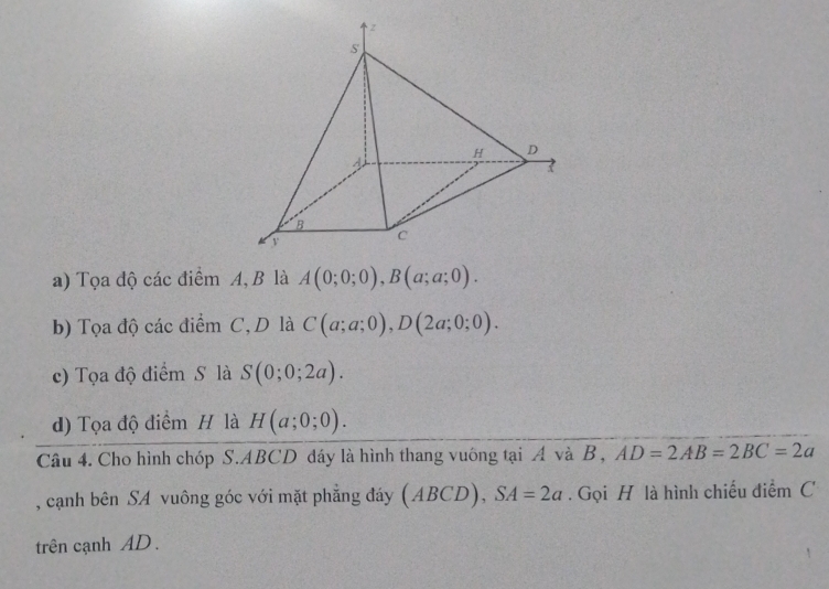 z
s
H D
1
B
C
a) Tọa độ các điểm A, B là A(0;0;0), B(a;a;0). 
b) Tọa độ các điểm C, D là C(a;a;0), D(2a;0;0). 
c) Tọa độ điểm S là S(0;0;2a). 
d) Tọa độ điểm H là H(a;0;0). 
Câu 4. Cho hình chóp S. ABCD đáy là hình thang vuông tại A và B , AD=2AB=2BC=2a
, cạnh bên SA vuông góc với mặt phẳng đáy (ABCD), SA=2a. Gọi H là hình chiếu điểm C 
trên cạnh AD.