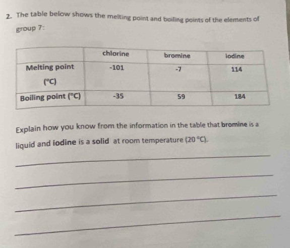 The table below shows the melting point and boiling points of the elements of
group 7:
Explain how you know from the information in the table that bromine is a
_
liquid and iodine is a solid at room temperature (20°C).
_
_
_