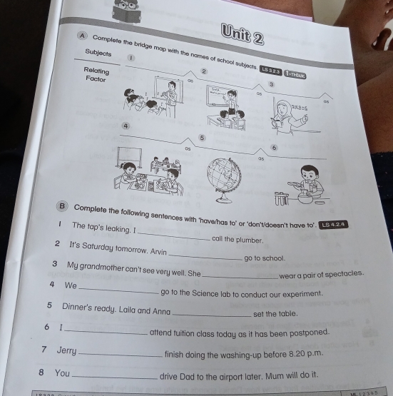 Subjects 1 
A Complete the bridge map with the names of school subjects. ue e 
Relating 
② 
a
3
Factor 05
05
2 3 − 5
4
5
0s
6
a5
B Complete the following sentences with 'have/has to' or ‘don't/doesn't have to' S424 
_ 
1 The tap's leaking. I 
call the plumber. 
_ 
2 It's Saturday tomorrow. Arvin 
go to school. 
3 My grandmother can't see very well. She_ 
wear a pair of spectactes. 
4 We _go to the Science lab to conduct our experiment. 
5 Dinner's ready. Laila and Anna_ 
set the table. 
6 I_ attend tuition class today as it has been postponed. 
7 Jerry_ 
finish doing the washing-up before 8.20 p.m. 
8 You _drive Dad to the airport later. Mum will do it.