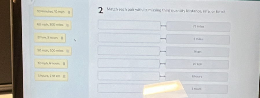30 minutes, 10 mph [1 2 Match each pair with its missing third quantity (distance, rate, or time).
60 mph, 300 miles [] 72 miles
27 km, 3 hours [] 5 miles
50 mph, 300 miles 9 kph
12 mph, 6 hours. [] 90 koh
3 hours, 270 km [ 6hours
S hours
