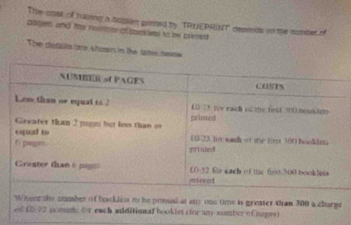 The cost of haiing a bopint grnted by 'TRUEPRINT' depends on the comber of 
paged and te rumber of backless to be crinted . 
The detts are shoan in the labie helow 
Where the number of bookles to be prmied at any one time is greater than 300 a charge 
of 100-12 pmine for each additional booklet (for any number of nages)