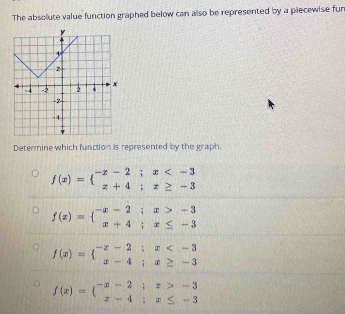 The absolute value function graphed below can also be represented by a piecewise fun
Determine which function is represented by the graph.
f(x)=beginarrayl -x-2;x
f(x)=beginarrayl -x-2;x>-3 x+4;x≤ -3endarray.
f(x)=beginarrayl -x-2;x
f(x)=beginarrayl -x-2;x>-3 x-4;x≤ -3endarray.