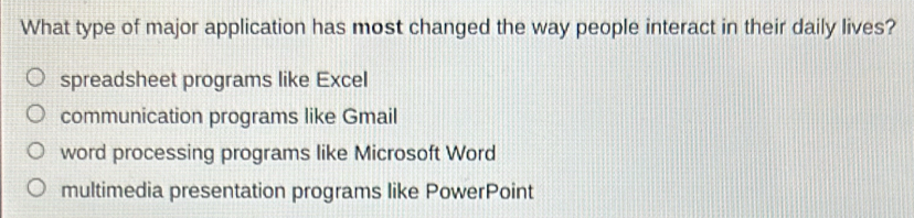 What type of major application has most changed the way people interact in their daily lives?
spreadsheet programs like Excel
communication programs like Gmail
word processing programs like Microsoft Word
multimedia presentation programs like PowerPoint