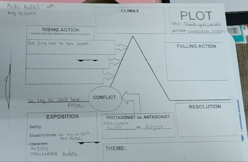 CLIMAX 
PLOT 
TITLE: 
_ 
RISING ACTION AUTHOR:_ 
(List examples that create complications or suspense) 
FALLING ACTION 
CONFLICT 
_ 
_ 
RESOLUTION 
EXPOSITION PROTAGONIST vs. ANTAGONIST 
mrs. Lue 
_ 
Setting vS_ 
; 
Situation/climate: in 
purse. 
Characters 
THEME: