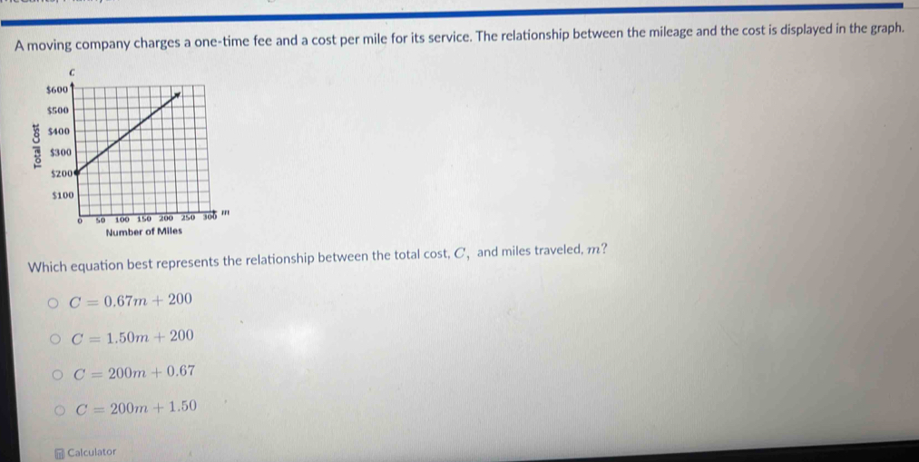 A moving company charges a one-time fee and a cost per mile for its service. The relationship between the mileage and the cost is displayed in the graph.
Which equation best represents the relationship between the total cost, C,and miles traveled, m?
C=0.67m+200
C=1.50m+200
C=200m+0.67
C=200m+1.50
Calculator