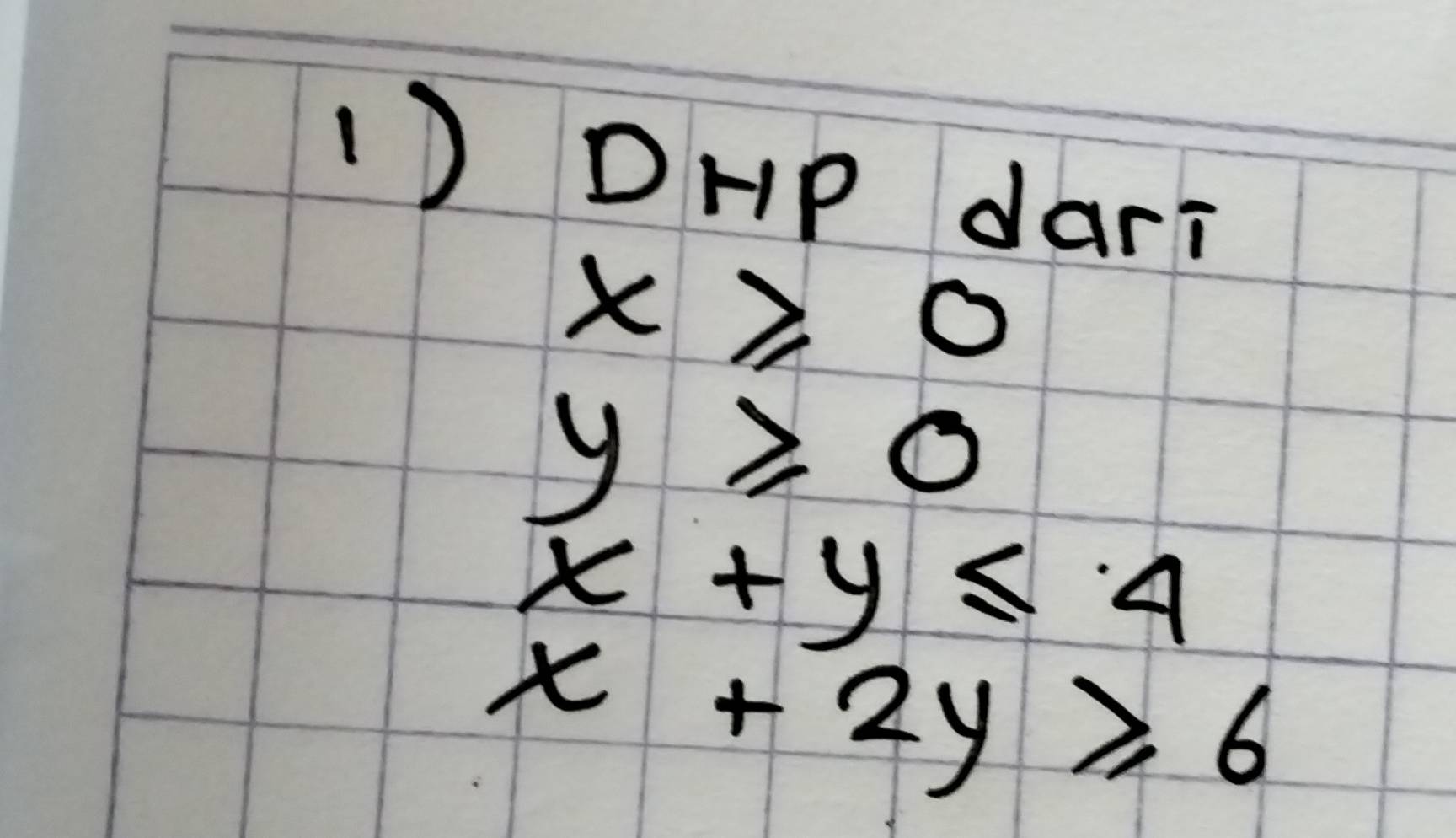 DHP dari
x≥ 0
y≥slant 0
x+y≤ 4
x+2y≥slant 6