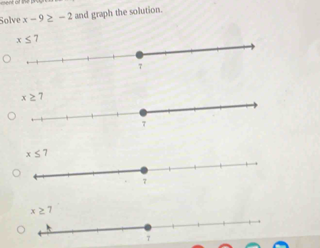 Solve x-9≥ -2 and graph the solution.
x≤ 7
x≥ 7