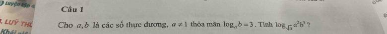 ) Luyện tập 4
a
Câu 1 
8 
1. LUỹ THủ Cho a, b là các số thực dương, a!= 1 thỏa mãn log _ab=3. Tính log _sqrt(a)a^2b^3 ? 
Khái nii