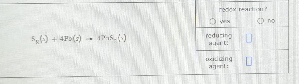 S_8(s)+4Pb(s)to 4PbS_2(s)