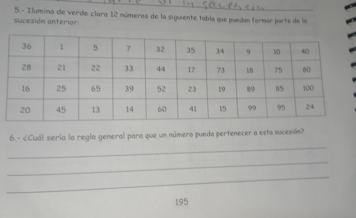 5.- Ilumina de verde claro 12 números de la siguiente tabla que puedan formar parte de la 
sucesión anterior: 
6.- ¿Cuál sería la regla general para que un número pueda pertenecer a esta sucesión? 
_ 
_ 
_
195