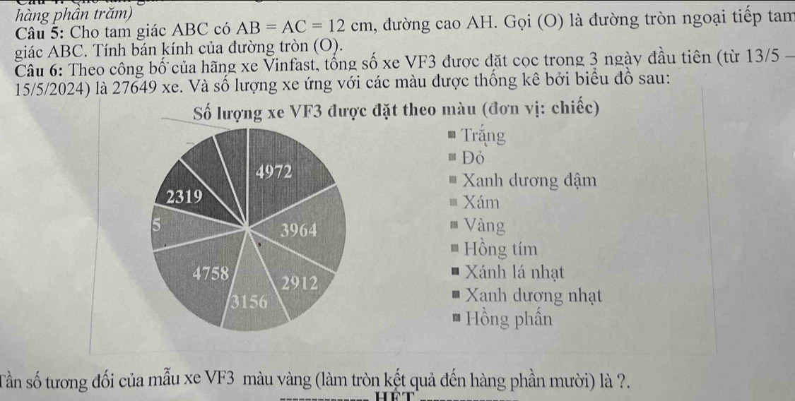 hàng phần trăm)
Câu 5: Cho tam giác ABC có AB=AC=12cm l, đường cao AH. Gọi (O) là đường tròn ngoại tiếp tam
giác ABC. Tính bán kính của đường tròn (O).
Câu 6: Theo công bố của hãng xe Vinfast, tổng số xe VF3 được đặt cọc trong 3 ngày đầu tiên (từ 13/5 -
15/5/2024) là 27649 xe. Và số lượng xe ứng với các màu được thống kê bởi biểu đồ sau:
Số lượng xe VF3 được đặt theo màu (đơn vị: chiếc)
Trắng
Đỏ
Xanh dương đậm
Xám
Vàng
Hồng tím
Xánh lá nhạt
Xanh dương nhạt
Hồng phần
Tần số tương đối của mẫu xe VF3 màu vàng (làm tròn kết quả đến hàng phần mười) là ?.