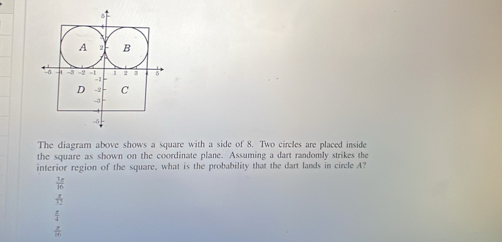 The diagram above shows a square with a side of 8. Two circles are placed inside
the square as shown on the coordinate plane. Assuming a dart randomly strikes the
interior region of the square, what is the probability that the dart lands in circle A?
 3π /16 
 π /32 
 π /4 
 π /16 